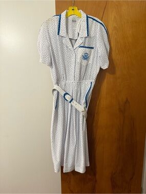 Leslie Fay White dress with Blue Polka Dot Print